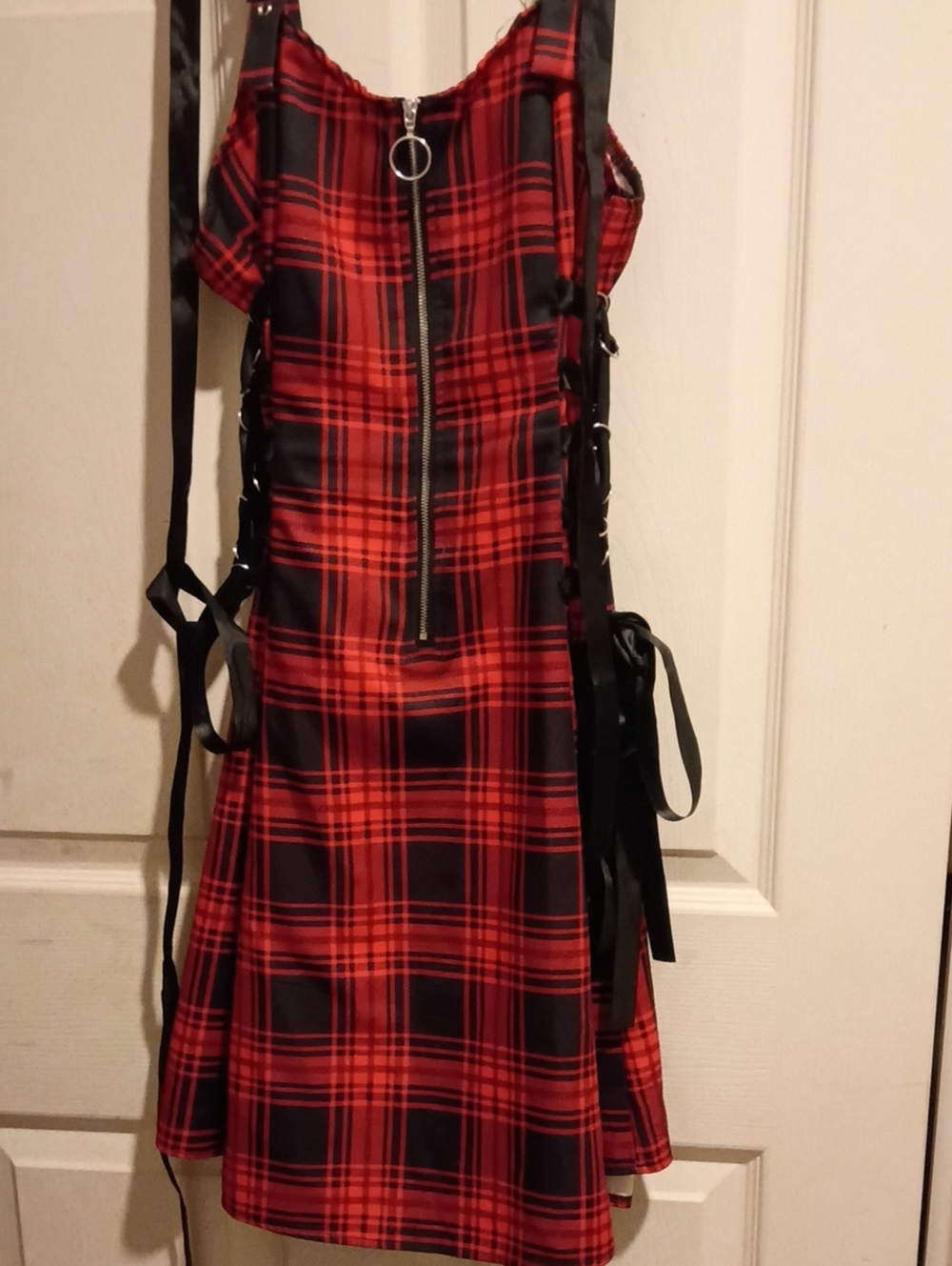 Red and Black Plaid Zip Front Dress with Side Ribbon Detail